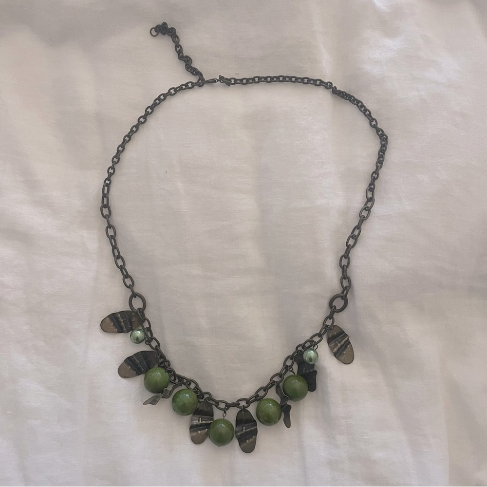 J Jill Brass Necklace with Leaf and Green Baubles
